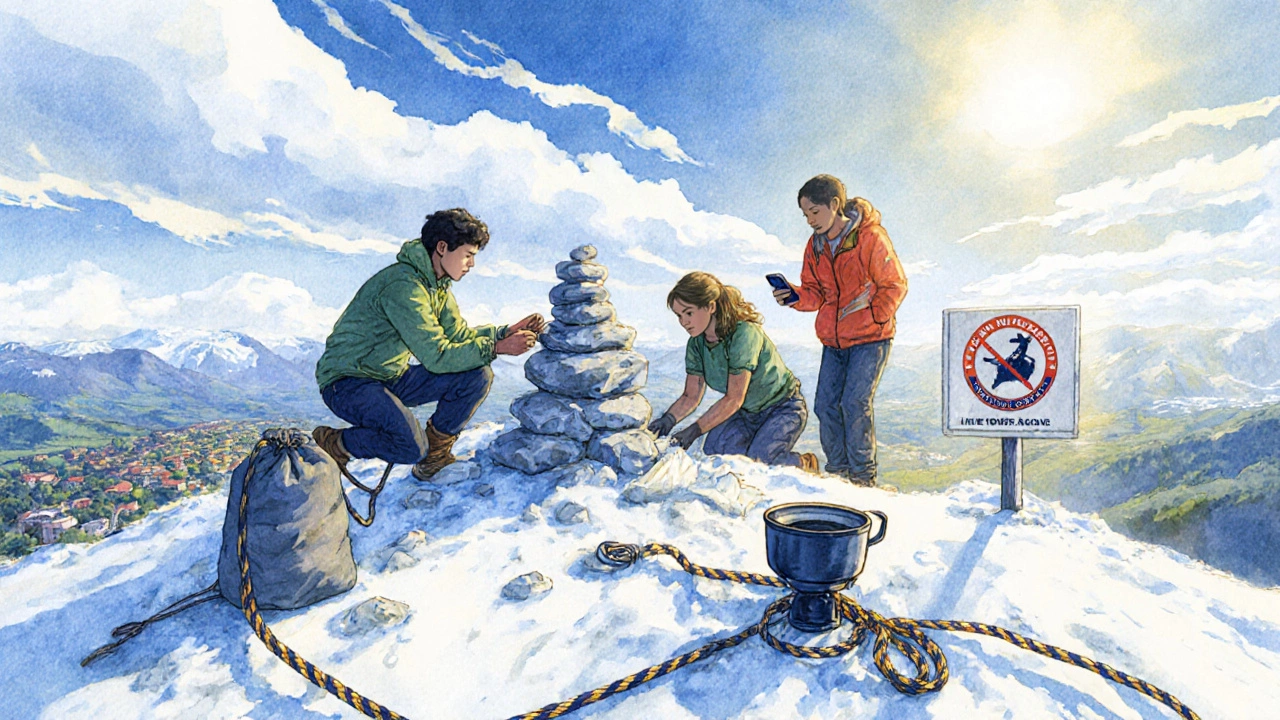 Экспедиция на вершине убирает мусор, ставит кэрн и использует спутниковый телефон, символизируя безопасность и экологию.