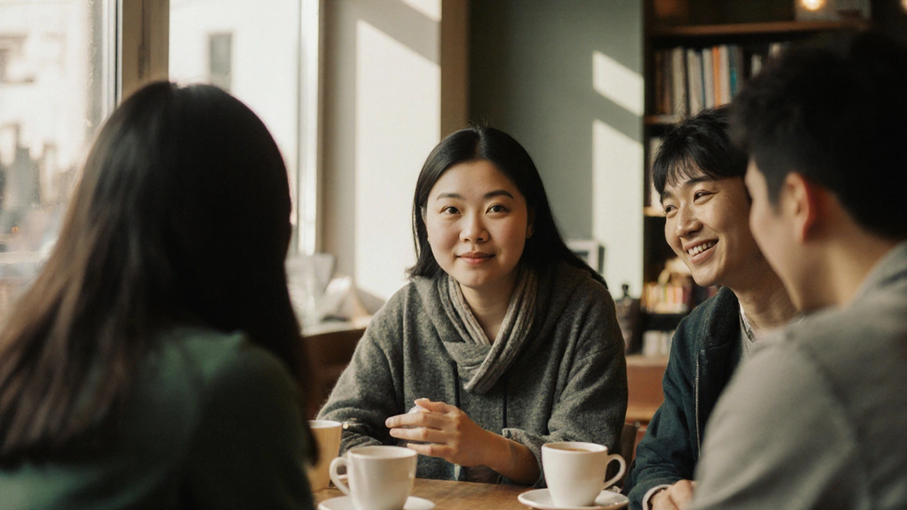 Группа друзей в кафе в Сан‑Франциско, каждый представляет себя с предпочтительным термином.