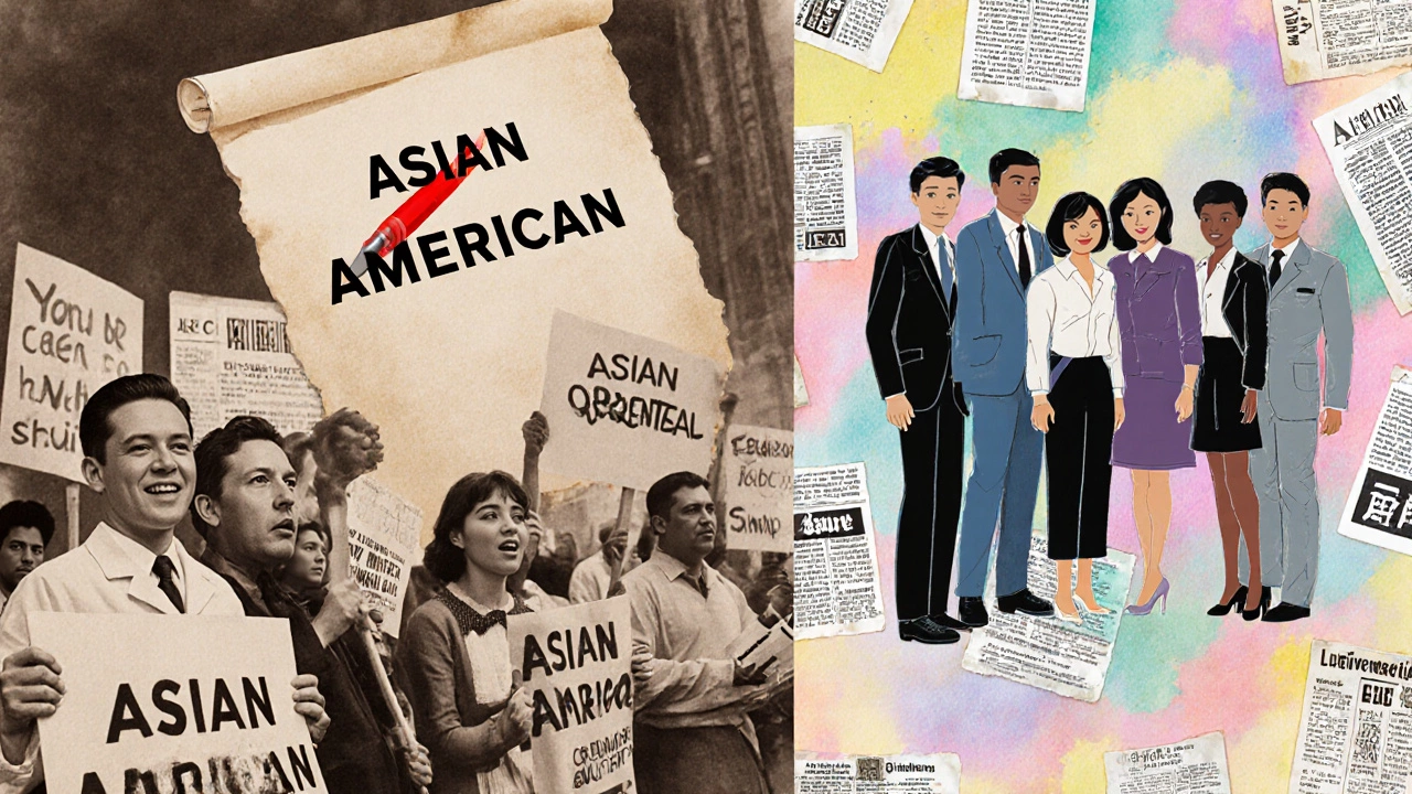 Иллюстрация эволюции терминов: протест 1960‑х, стирание слова "Oriental", современные азиатско‑американцы.