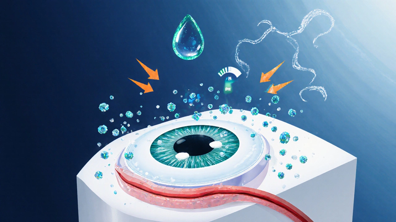 Крупный план глаза, капля Тропикамид, микрочастицы консерванта и ультрафиолет.