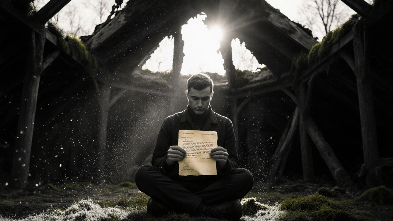 Мужчина сидит в заброшенной церкви, читая старое письмо в лучах солнца.