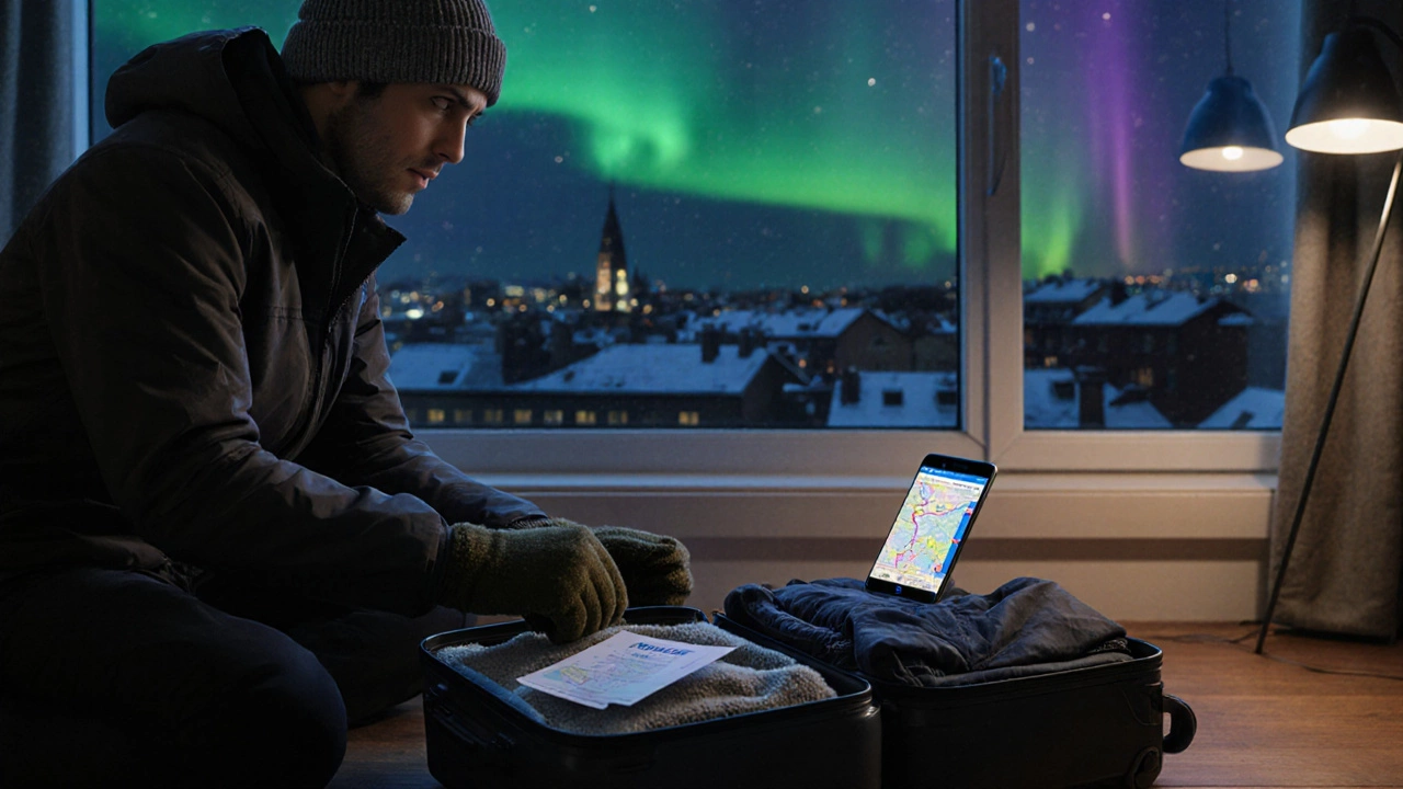 Путешественник в слоистой одежде у окна, вид на северное сияние над Стокгольмом