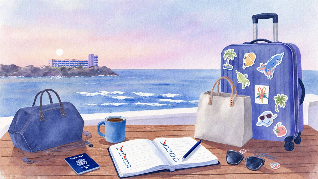 Рабочее место путешественника на балконе с видом на море, чек‑лист и чемодан.
