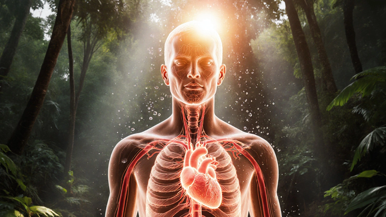 Силуэт человека с подсвеченными ультрафиолетом и внутренними реакциями теплового стресса.