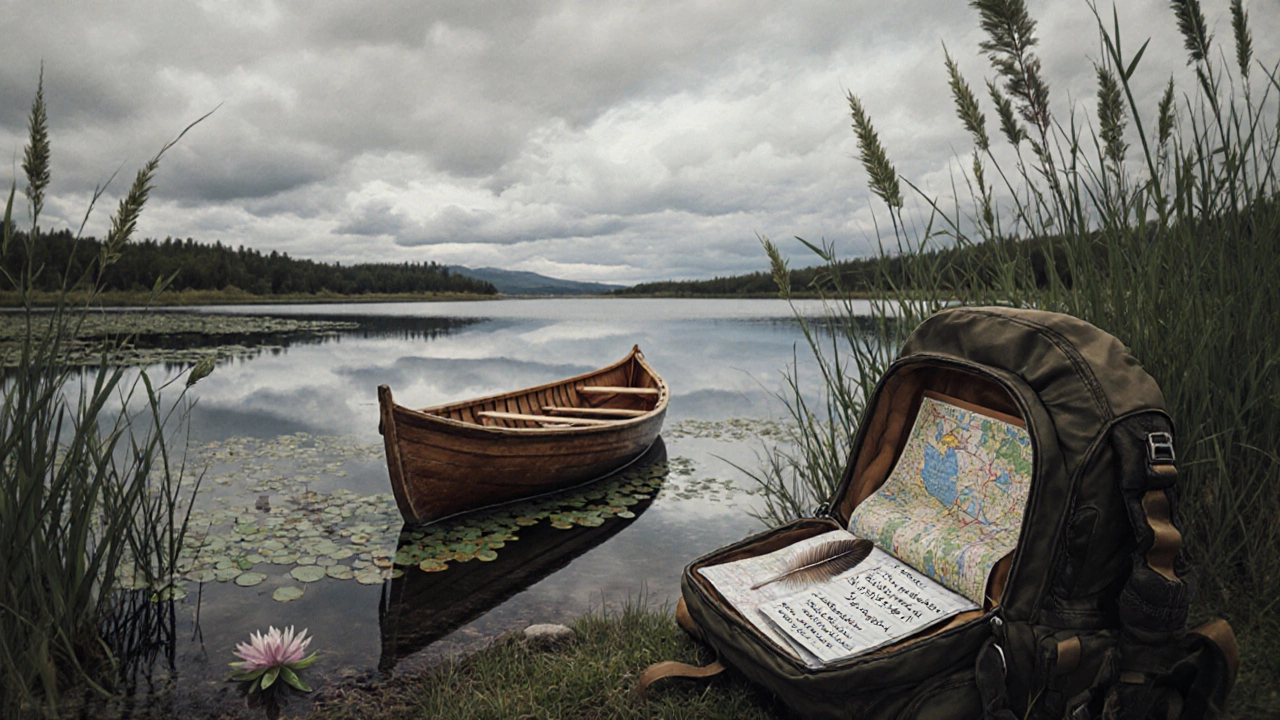 Скрытый озеро с кувшинками и старой лодкой в северной России.