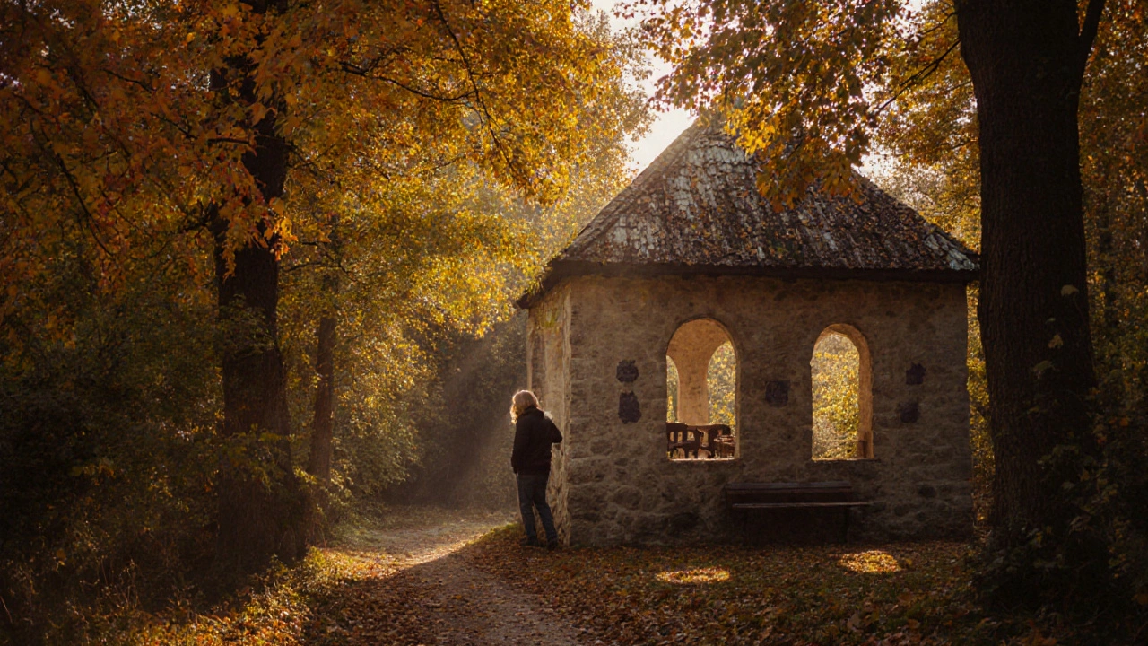 Тоскана осенью: золотые холмы, виноградники и уединённый турист у усадьбы.