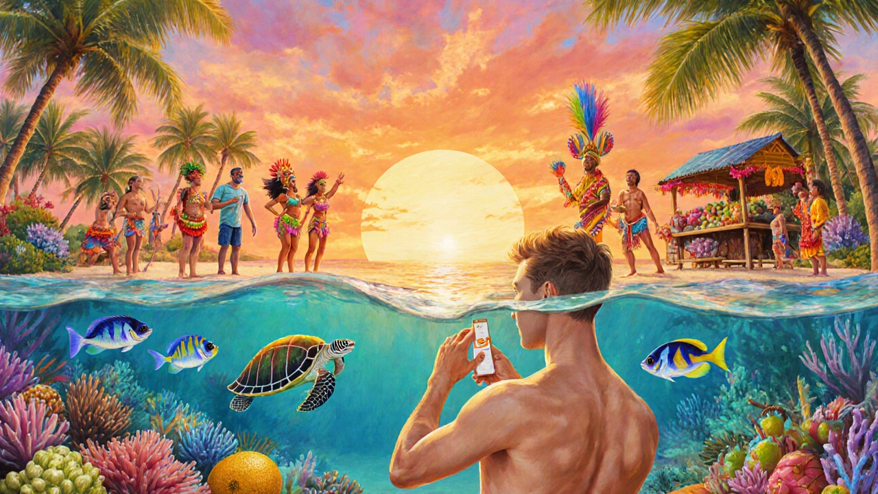 Турист на пляже, подводный мир и местный фестиваль в теплой атмосфере.