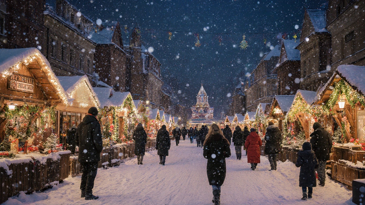Зимняя рождественская ярмарка в Нюрнберге: огни, снег, ледяные скульптуры и уютные лавки.