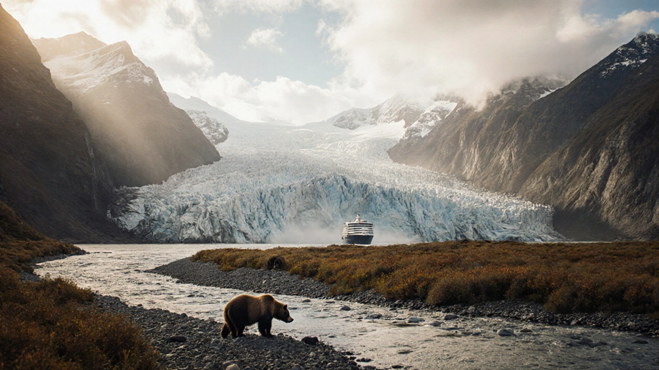Аляска: ледник и медведи в фьорде при золотом осеннем свете.