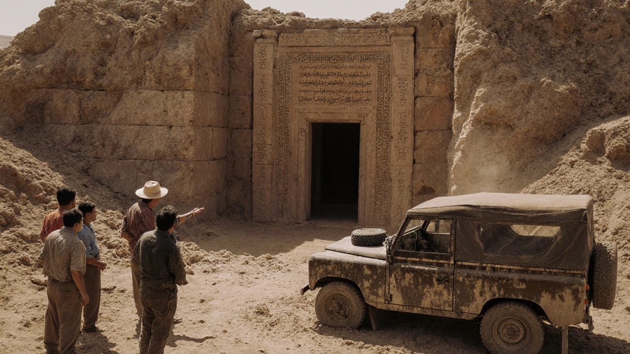 Археолог-гид показывает закрытую зону храма в Узбекистане небольшой группе туристов.