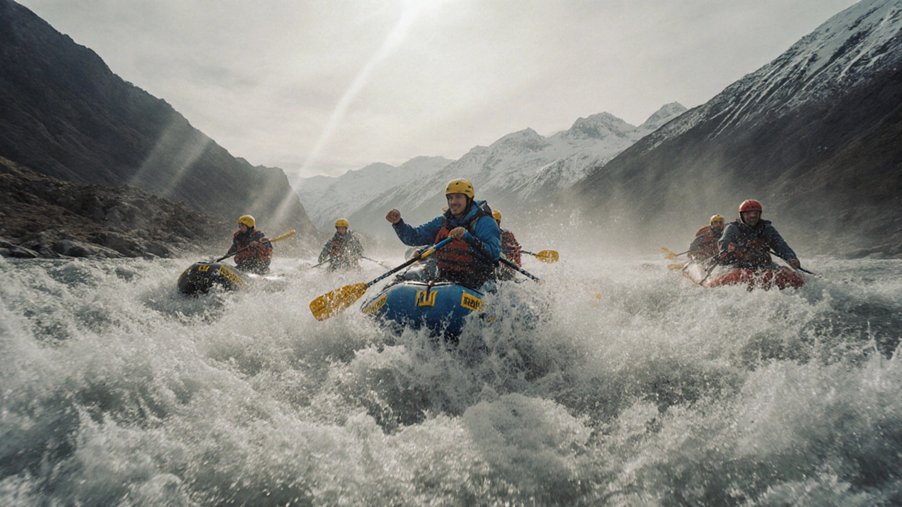 Байдарки преодолевают бурные пороги реки Катунь в Алтае.