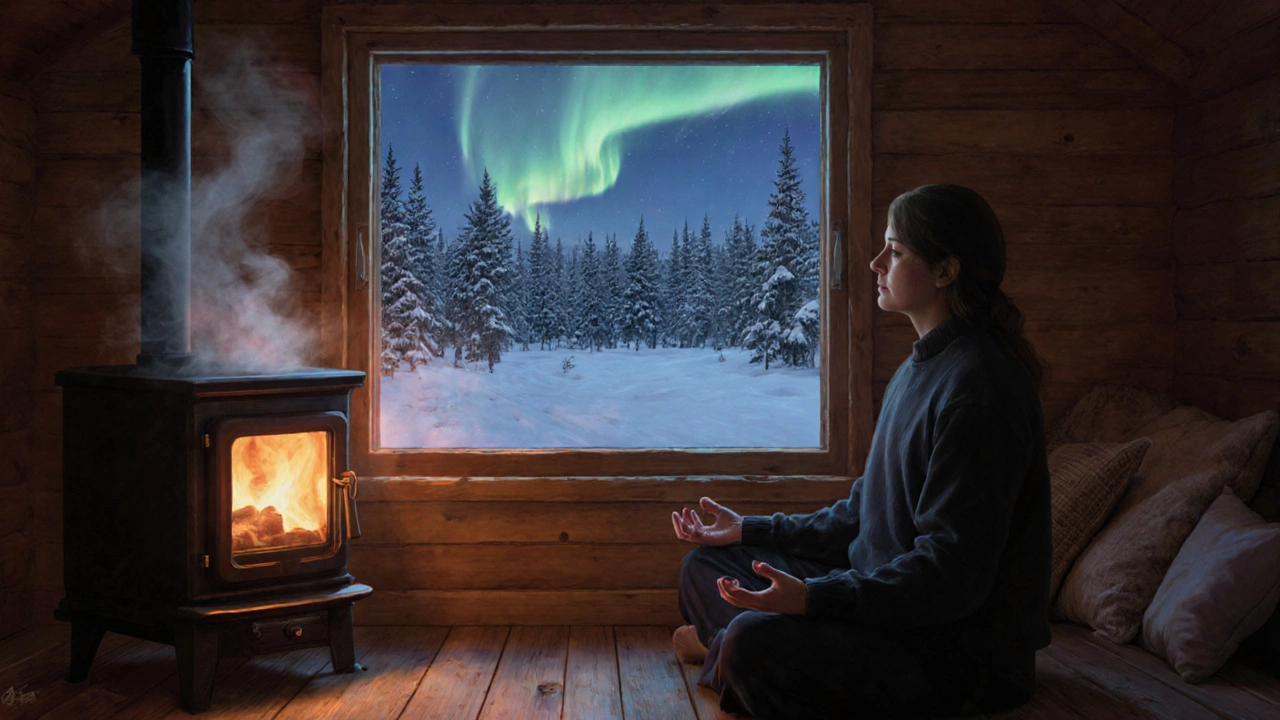 Человек медитирует в деревянной русской избе при свете северного сияния за окном.