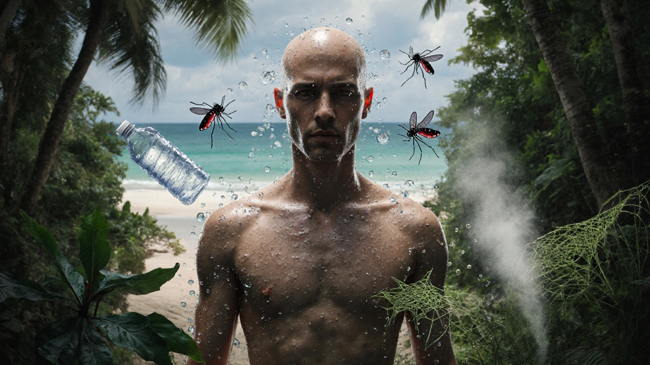 Человек окружён видимыми угрозами тропиков: комарами, потом, обезвоживанием и ядовитыми растениями.