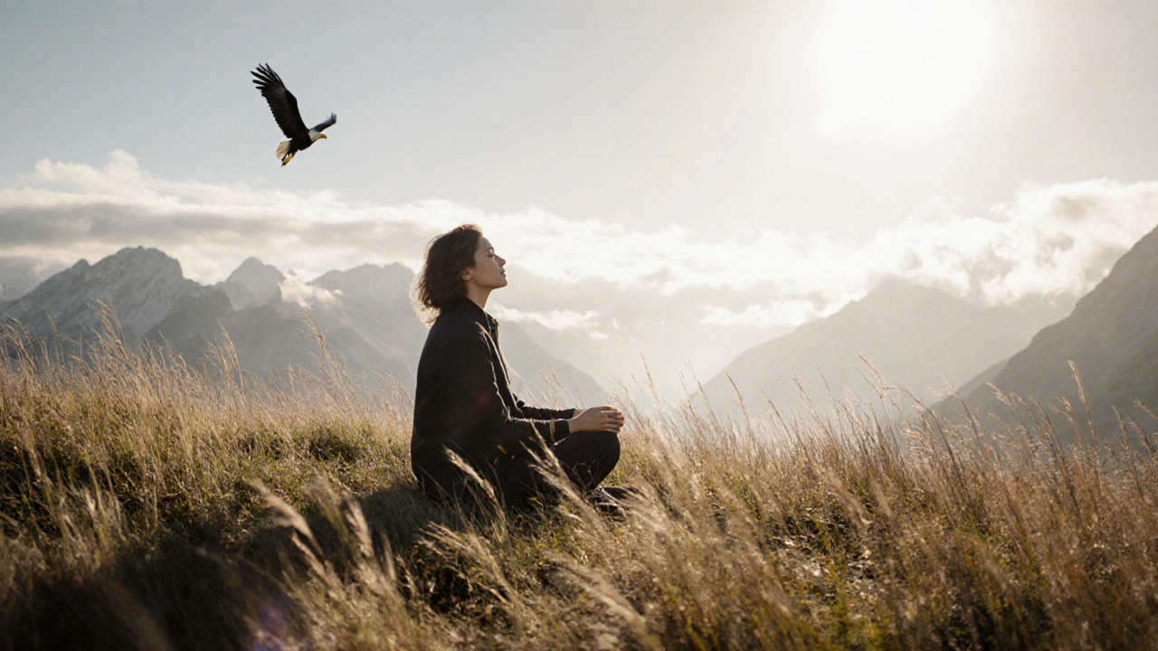 Человек в тишине горного луга, закрыл глаза, ветер колышет траву.