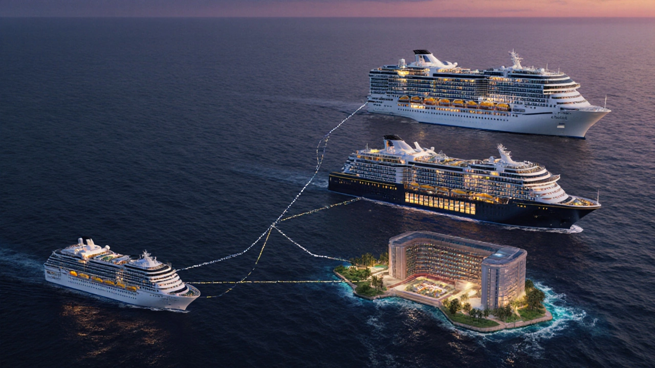 Четыре уровня круиза как острова от бюджетного до роскошного над океаном.