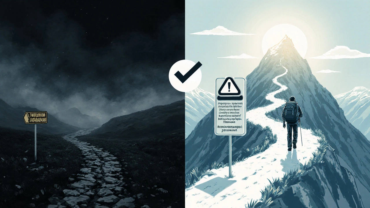 Два пути: один в тумане с ошибкой, другой в свете с правильным словом — символ доверия.