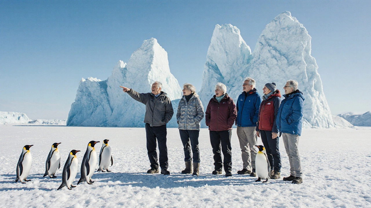 Группа путешественников на берегу Антарктики среди пингвинов и ледников