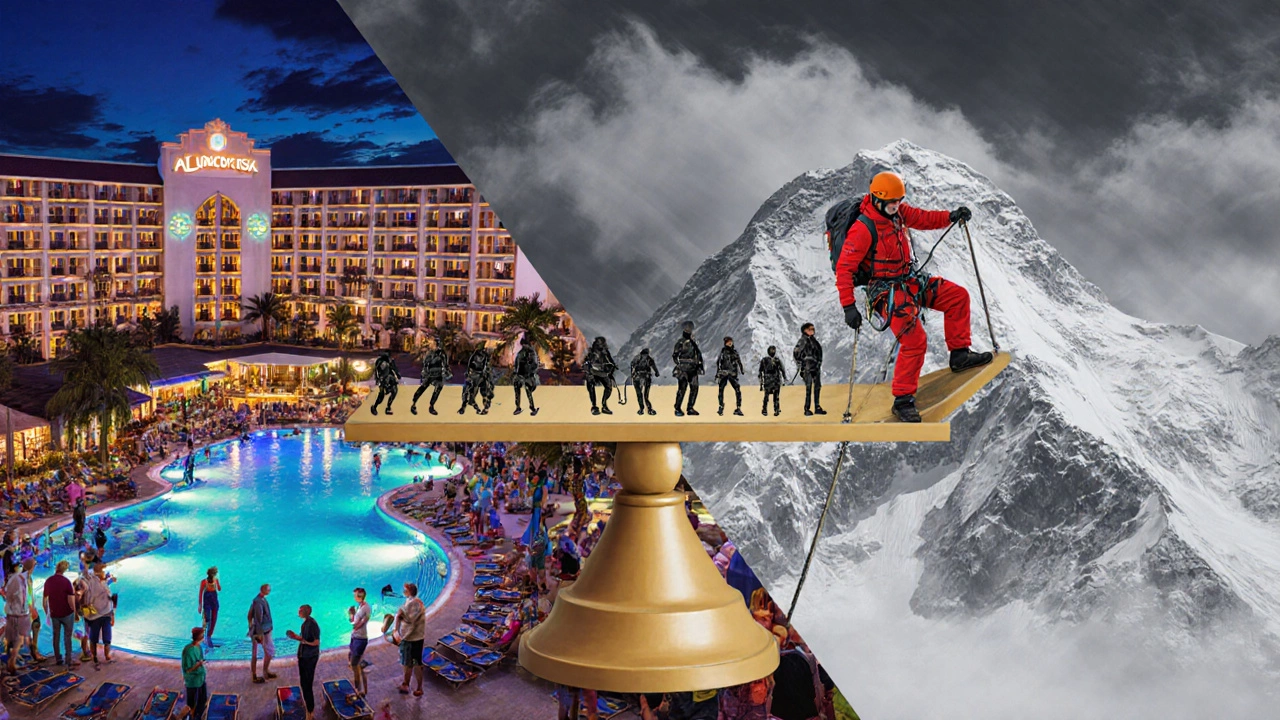 Контраст: оживленный курорт слева, альпинист справа — массовый туризм доминирует.