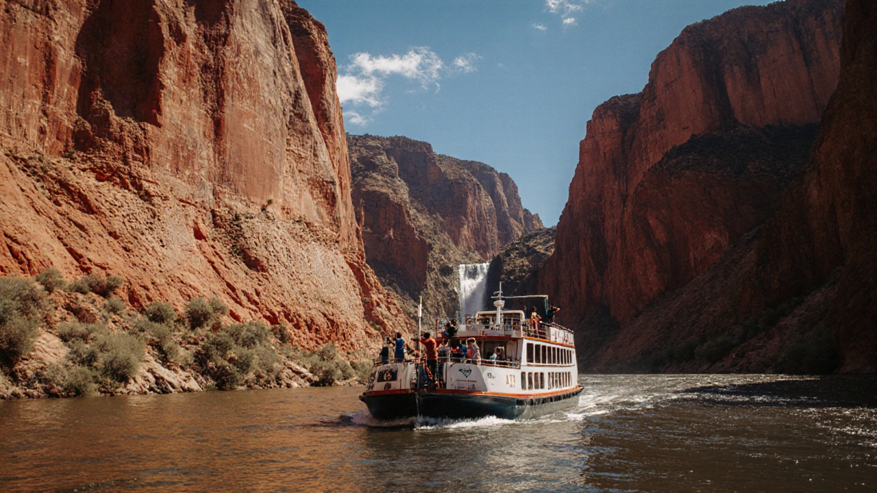 Круизный катер проходит через Гранд-Каньон вдоль высоких красных скал, туристы смотрят на древние петроглифы и водопады.