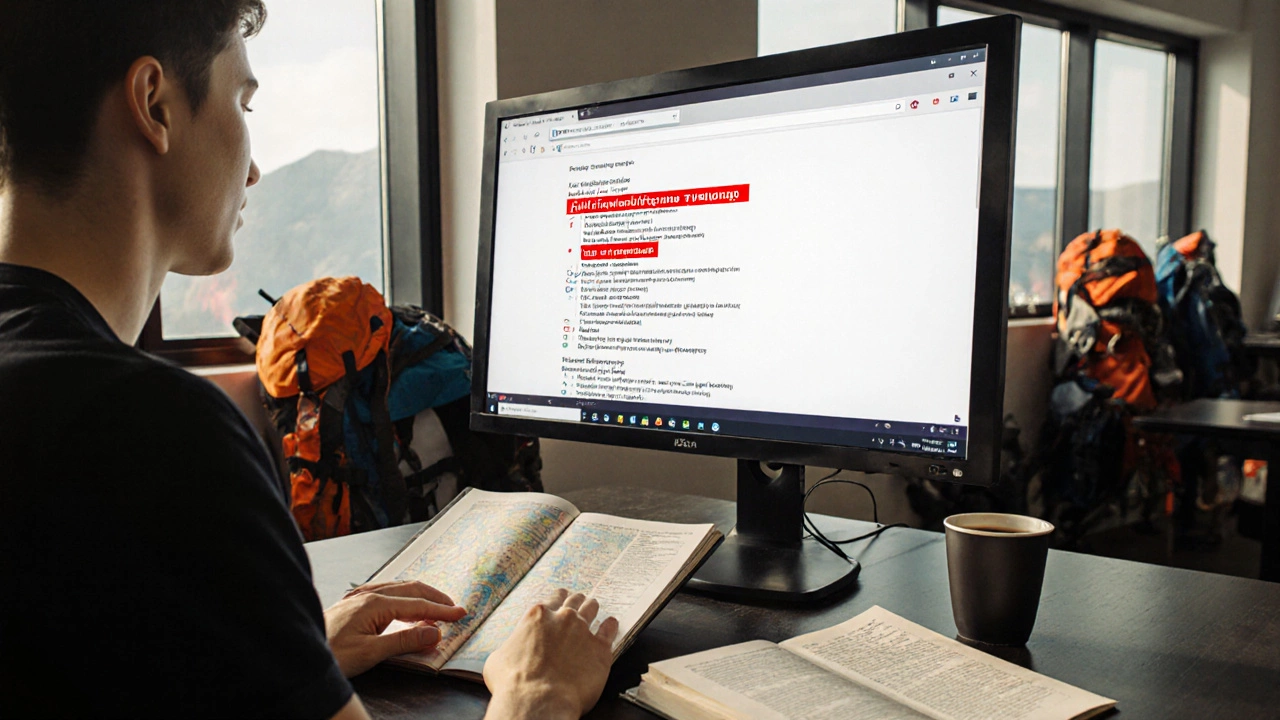 Маркетолог смотрит на экран с ошибкой в слове, рядом лежит словарь с правильным написанием.