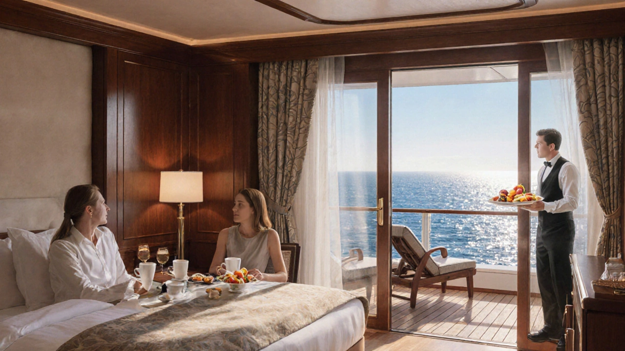 Пара на балконе каюты с кофе и фруктами, Средиземное море за окном.