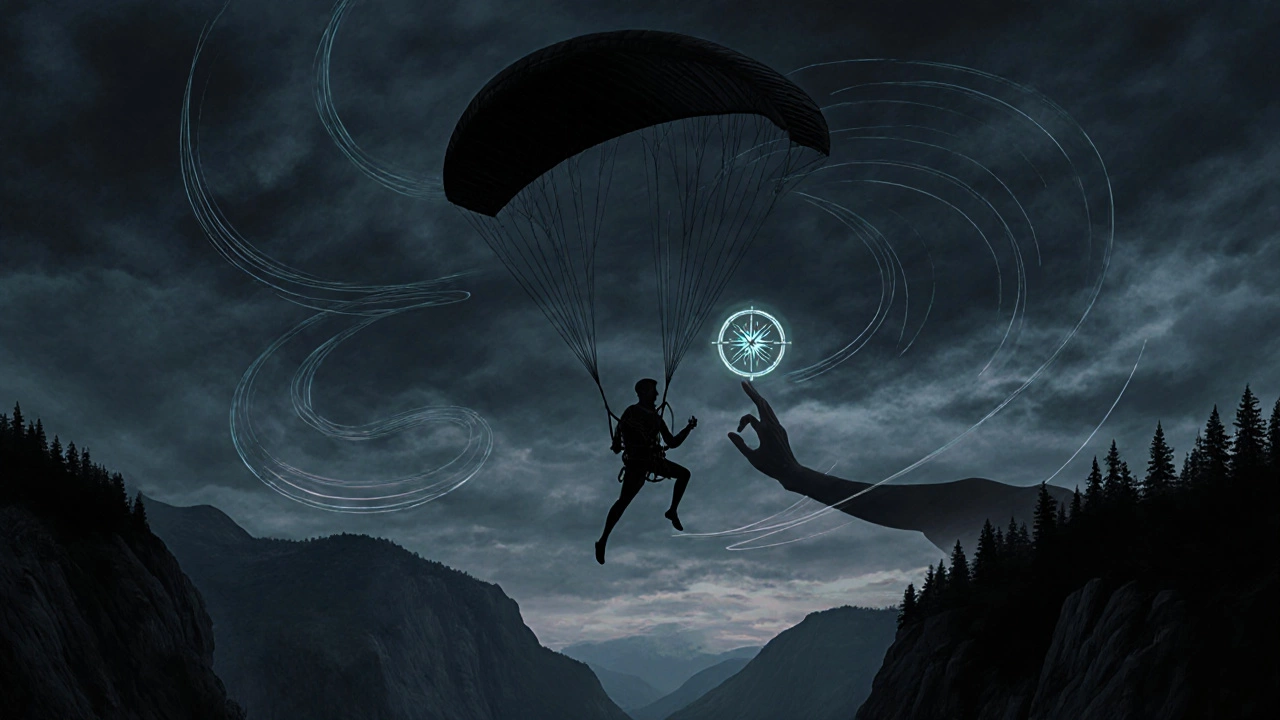 Парапланерист парит над горной пропастью на закате.