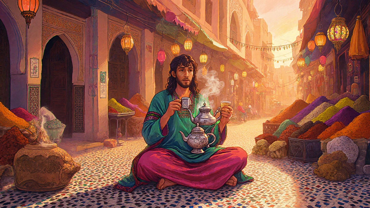 Путешественник в марокканской одежде пьёт мятный чай в оживлённом базаре с яркими специями.