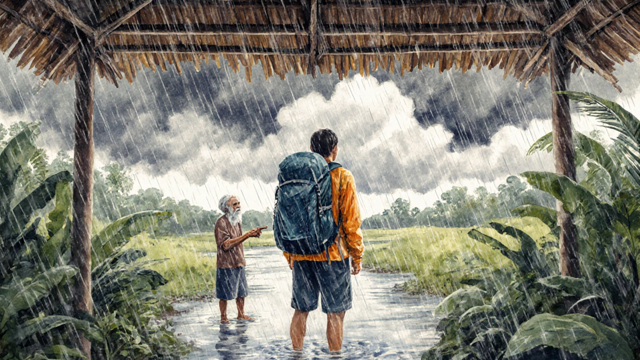 Путешественник в тропиках стоит под навесом во время внезапного ливня, наблюдая за погодными облаками.