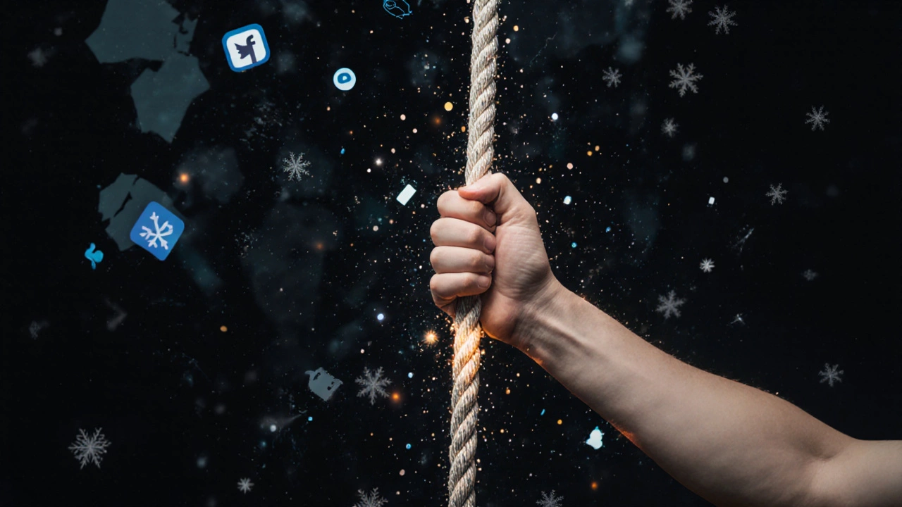 Рука держит веревку, а цифровые иконы тают в снегу, символизируя освобождение от виртуальности.