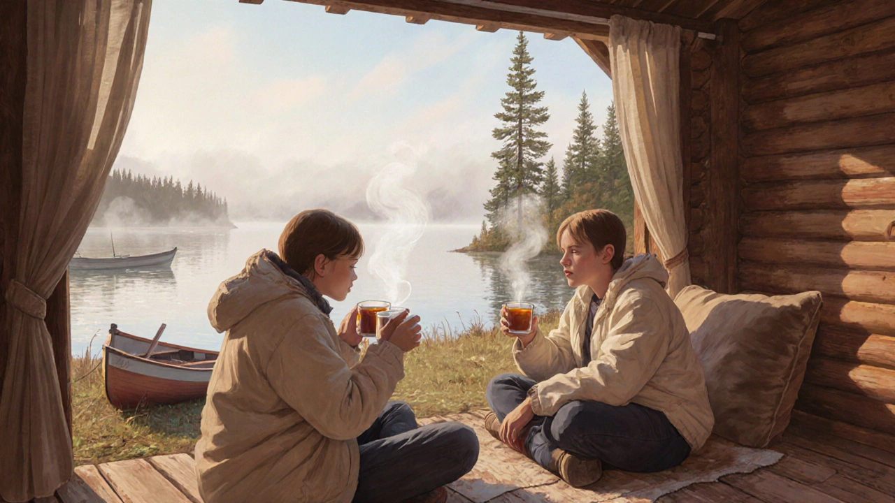 Русская семья пьет чай в деревянном домике на берегу Байкала, туман и сосны вокруг.