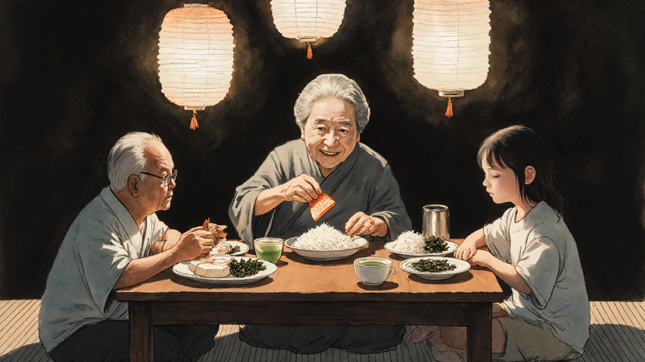 Семья в Японии тихо обедает вместе за деревянным столом без телефонов.