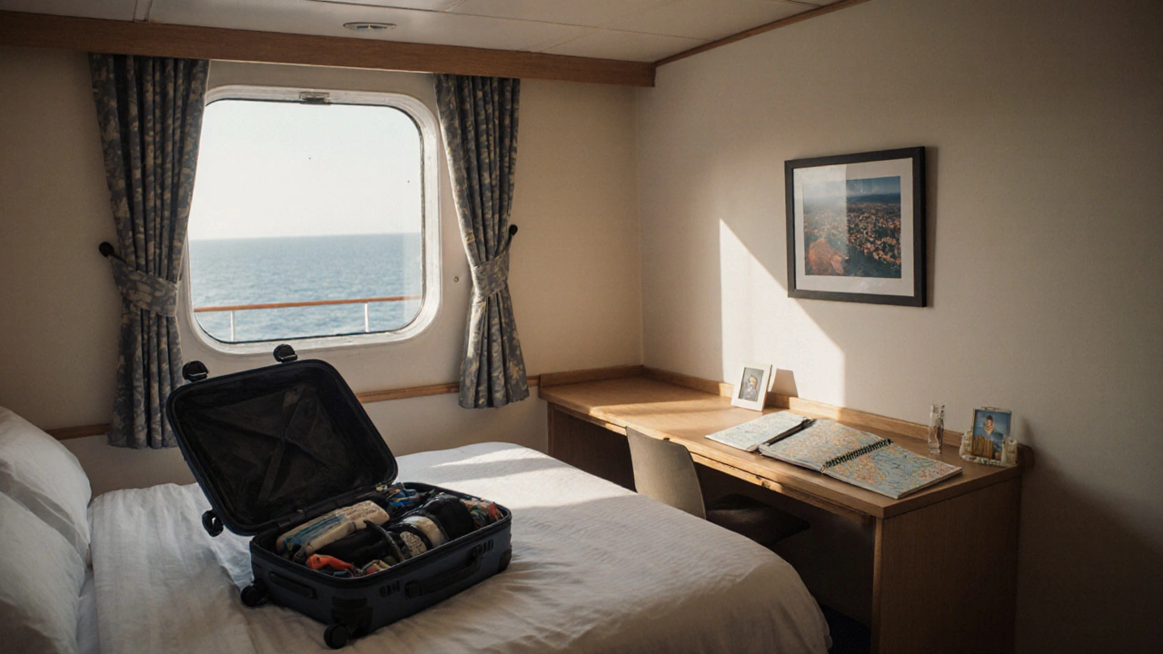 Уютная каюту с распакованным чемоданом и путевым дневником на фоне моря
