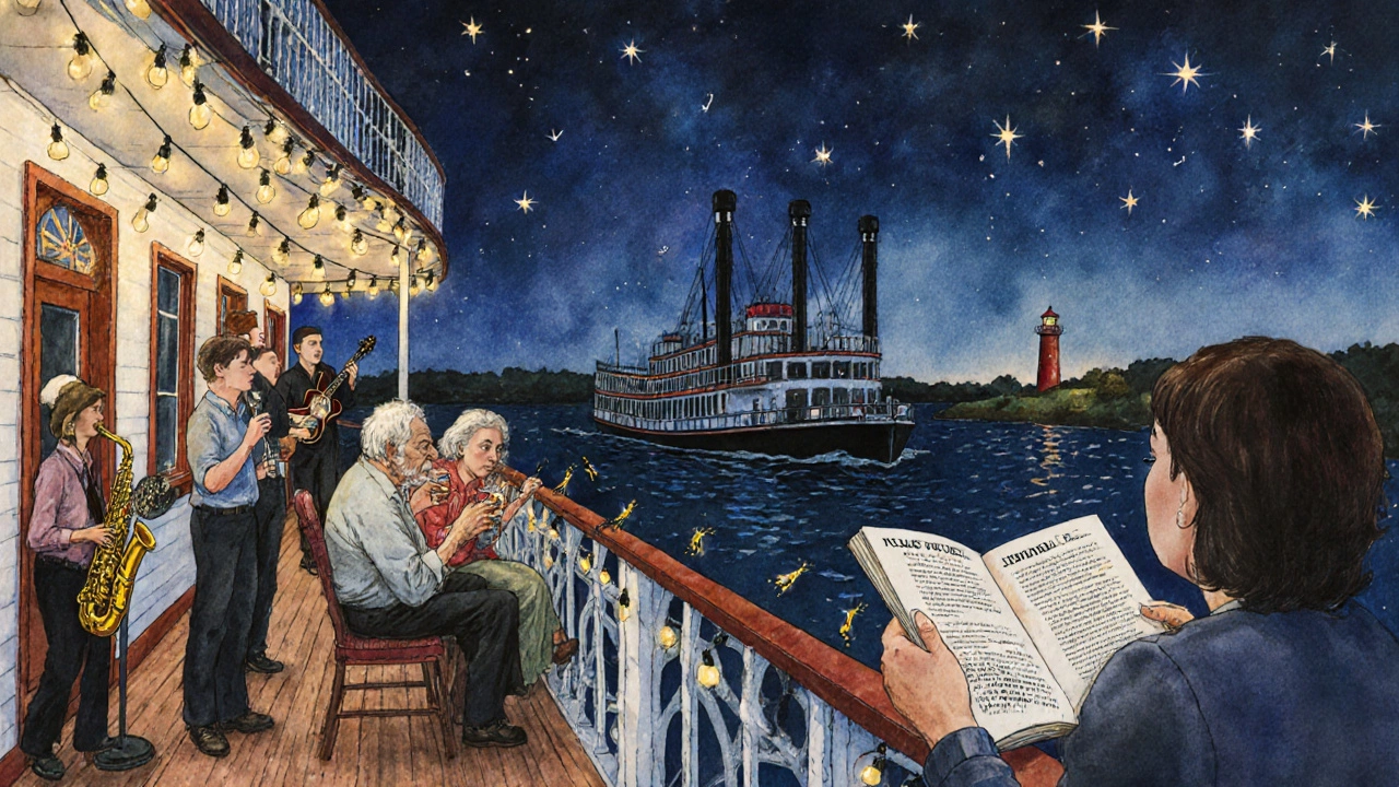 Вечер на палубе речного круиза: пара пьет виски, играет джаз, турист читает руководство на русском, звезды светят над рекой.