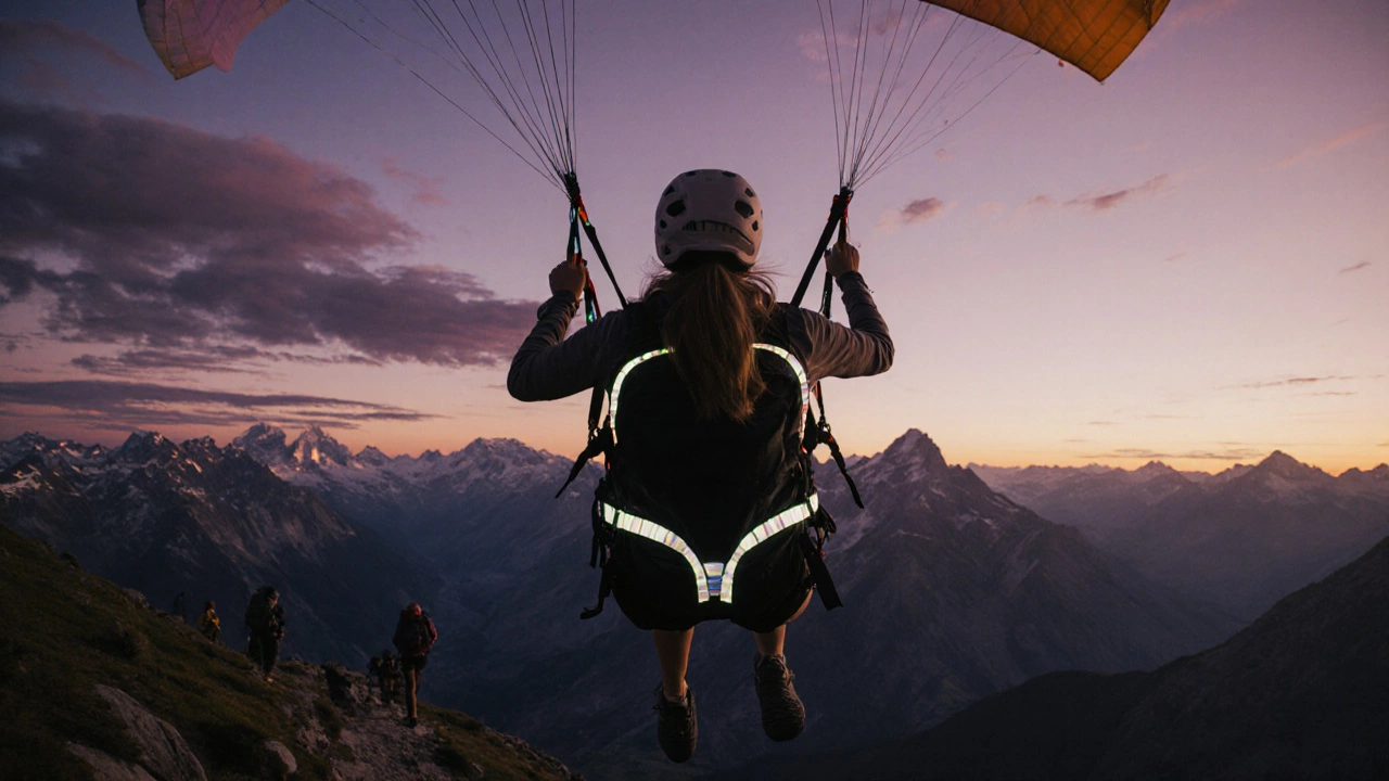 Женщина парашютирует над Альпами на закате, горы и облака окрашены в фиолетовые и янтарные тона.