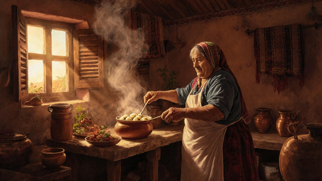 Женщина учится делать хинкали в грузинской кухне с бабушкой, вокруг — глиняные горшки и тканые узоры.