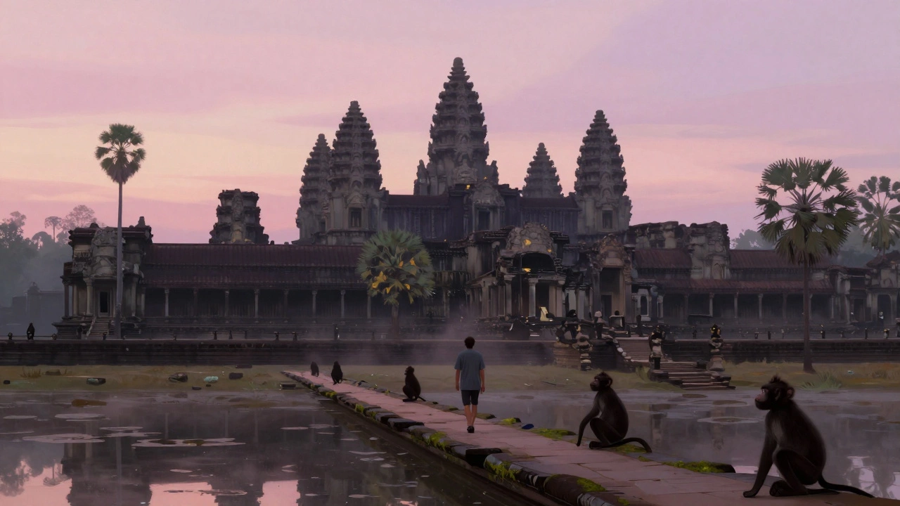 Ангкор-Ват на рассвете: древний храм в тумане, один путешественник идет по каменной дорожке.