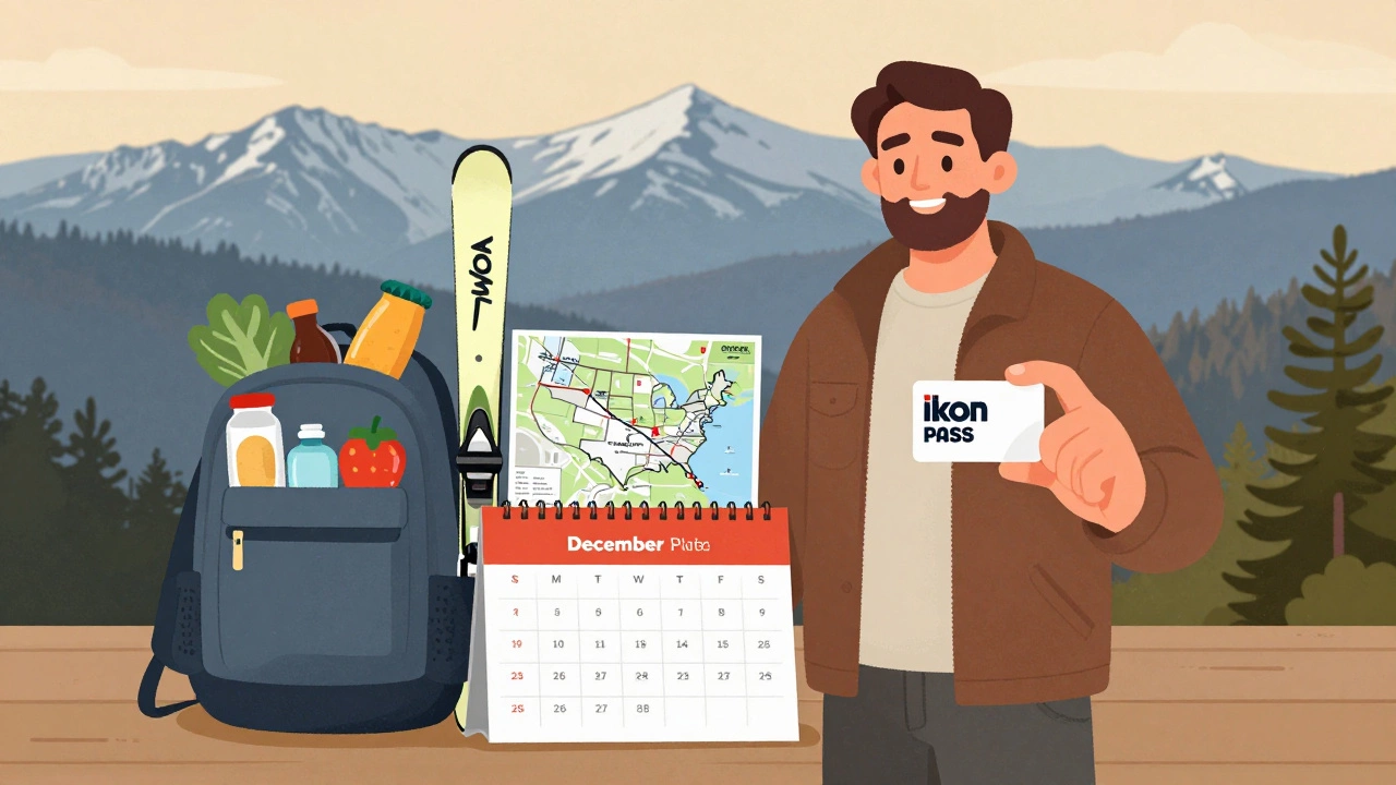 Бюджетный лыжник с пропуском Ikon, рядом — аренда снаряжения, продукты и календарь со скидками на зимний отдых в США.