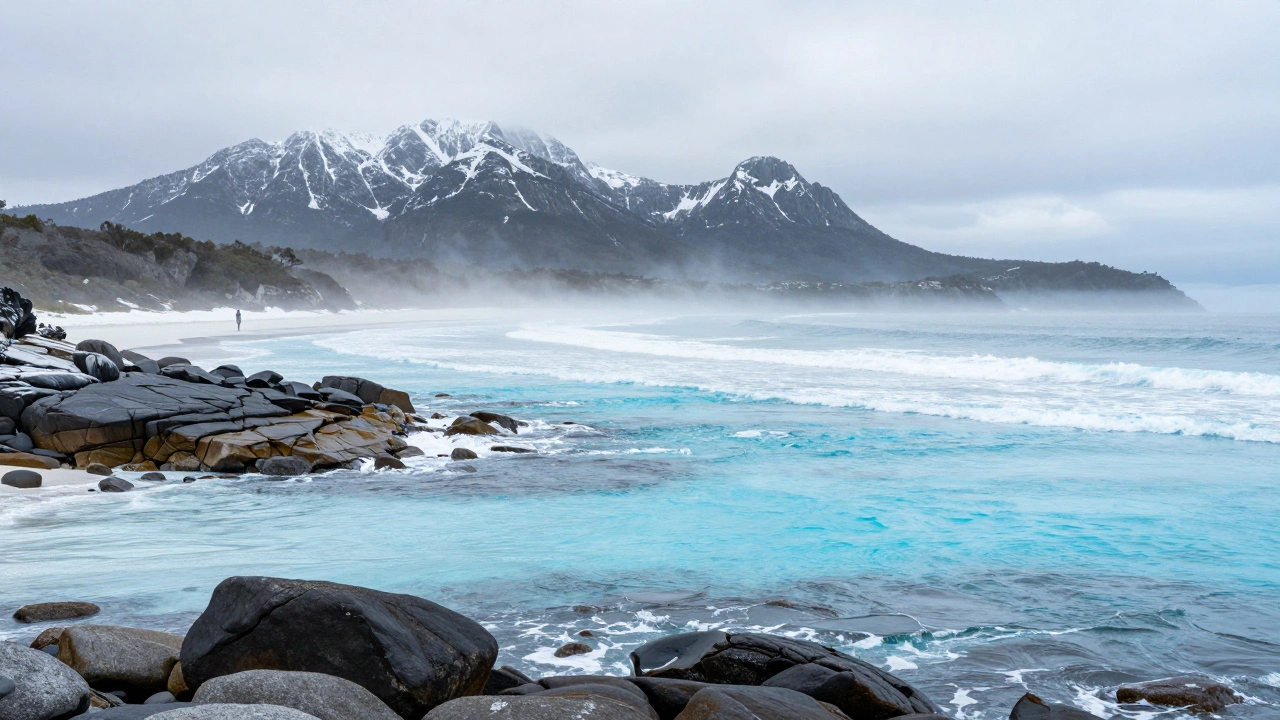 Дикий пляж Тасмании с ледяной бирюзовой водой и безлюдным берегом.