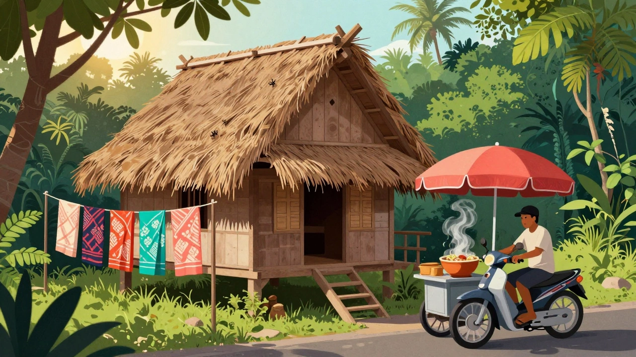 Гестхаус на Бали: местный уличный продавец с лапшой, мотоцикл и джунгли на заднем плане.