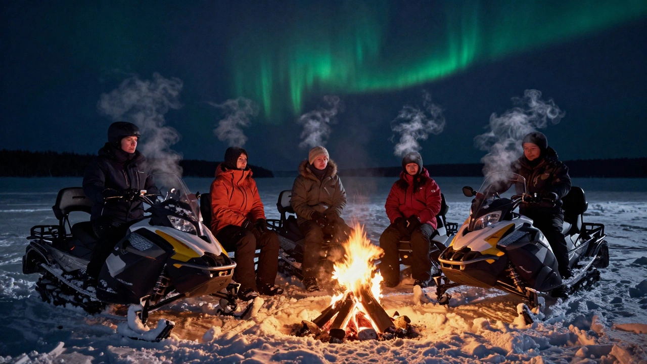 Группа людей сидит у костра после ночного снегохода на ледяном обрыве, дыхание видно в холодном воздухе.