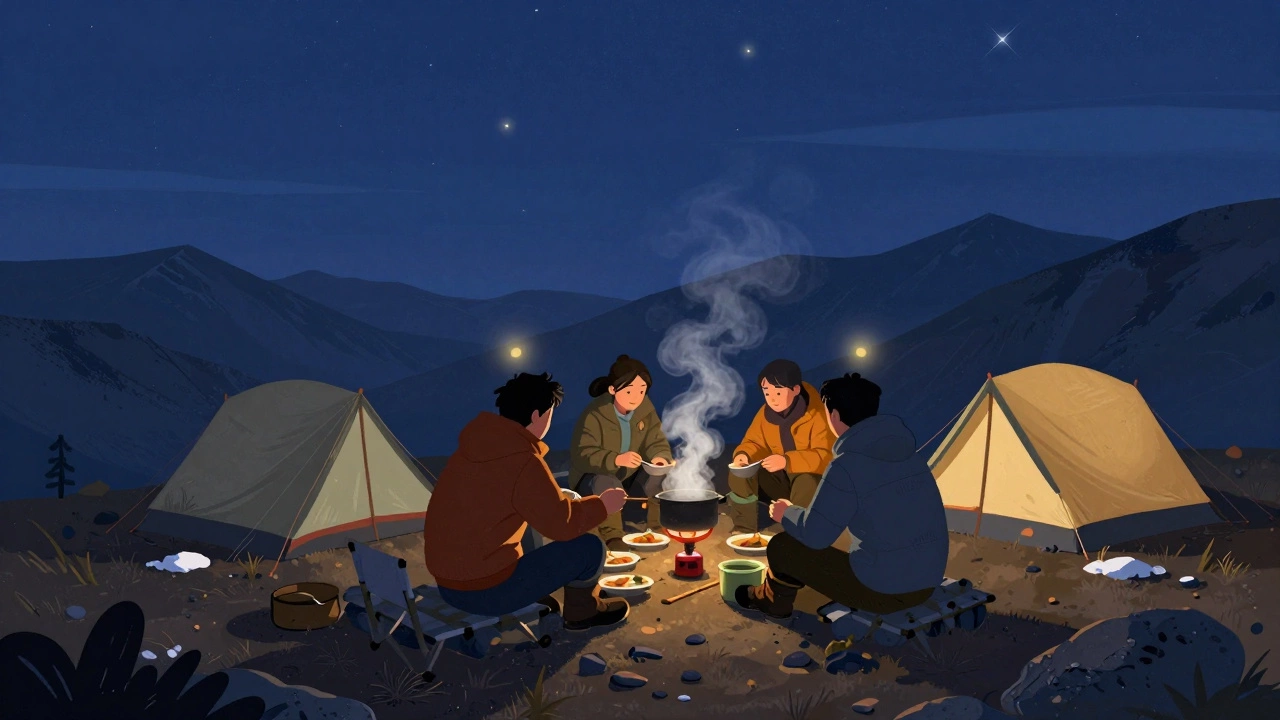 Группа туристов ест у газовой горелки на высокогорном лагере при закате.