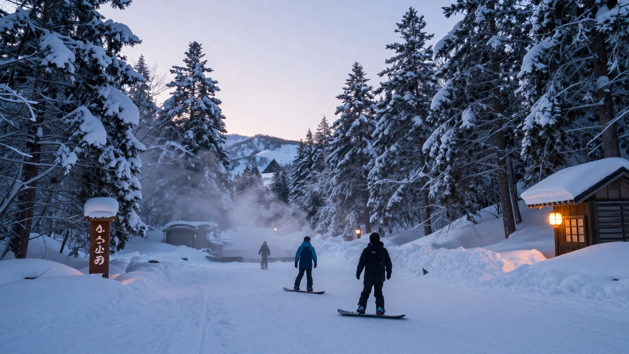 Лыжники и сноубордисты в Японии скользят по глубокому снегу среди снежных деревьев и парящего пара онсена.