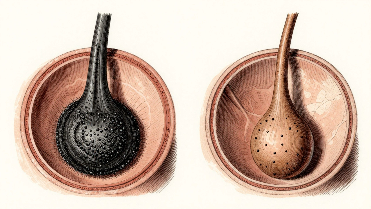Микроскопическое сравнение волосяных фолликулов: азиатский с высокой плотностью пигмента и европейский с меньшей.