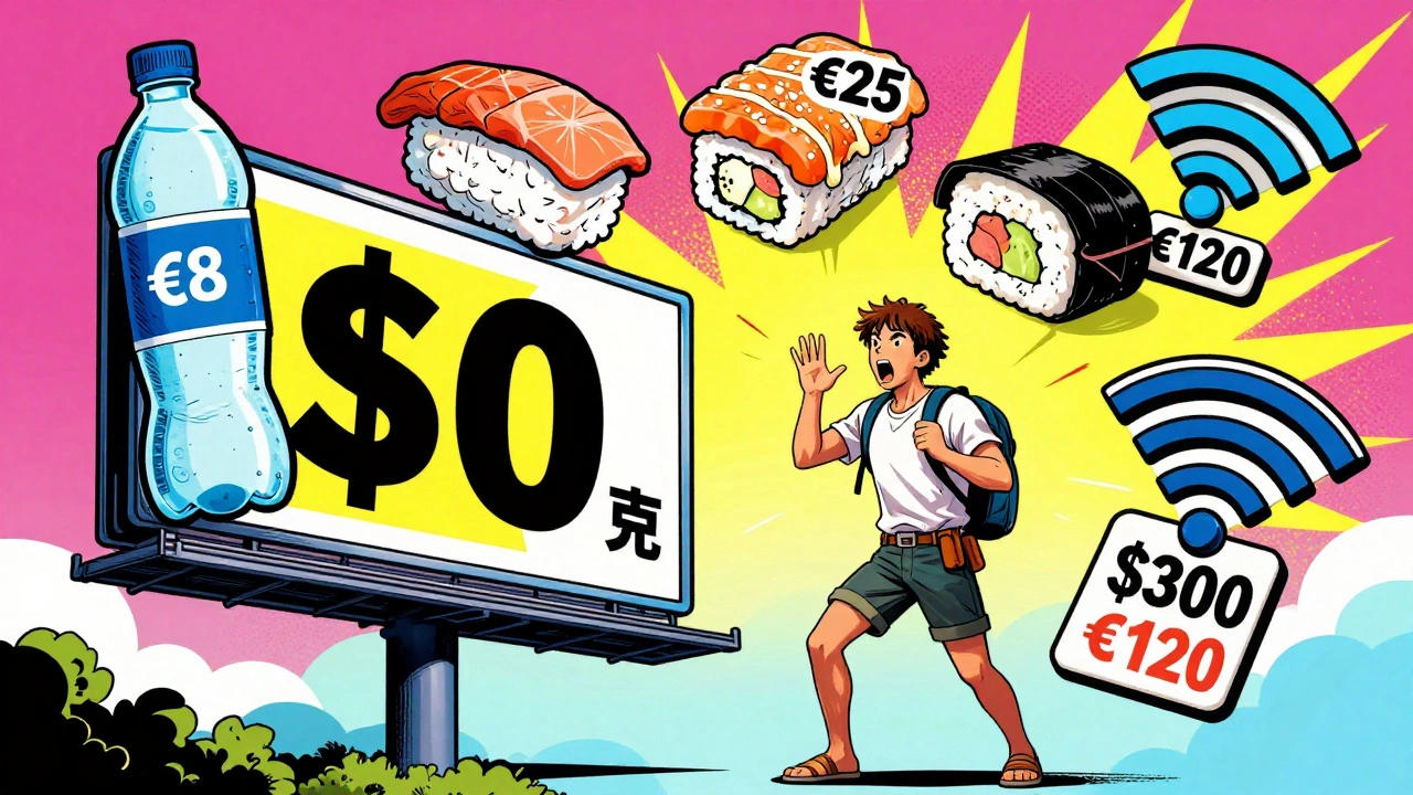 Мультяшный турист удивлен огромными ценниками на скрытые расходы круиза: вода, спа, интернет и экскурсии.