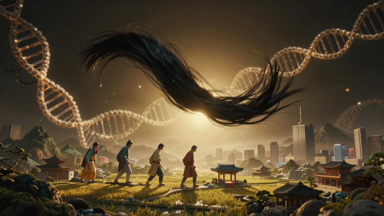 Одна черная волосина парит в воздухе, окружена генетическими спиралями и силуэтами восточноазиатских пейзажей.