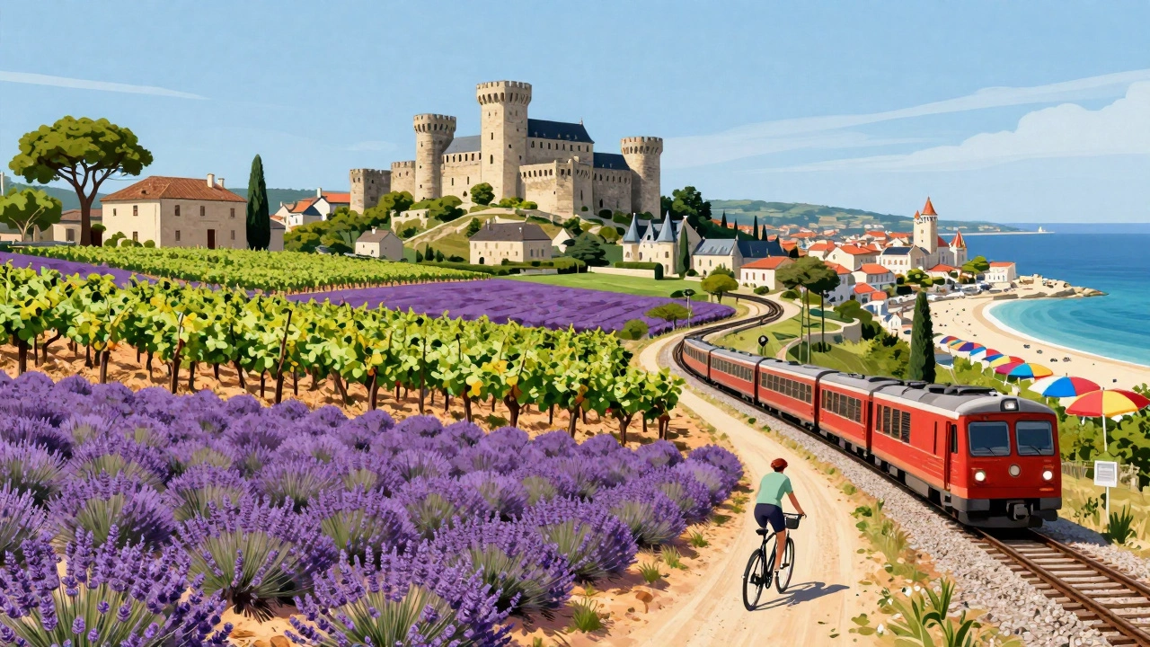 Панорама Франции: лавандовые поля, виноградники, замки и побережье, соединённые дорогами и путями.