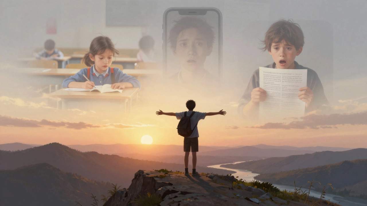 Подросток на краю скалы, за ним — размытые образы школьной жизни, впереди — яркий мир природы.