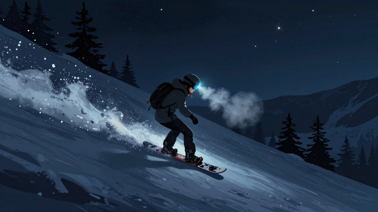 Подросток сноубордит по темному склону в ночи, следы снега светятся под лунным светом.