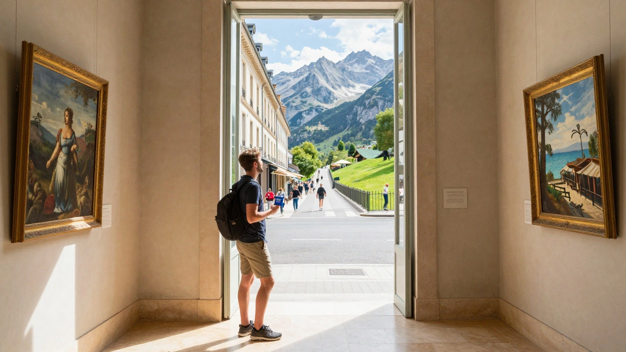 Путешественник с проездным билетом в музее, за ним — переход от города к горам и морю.
