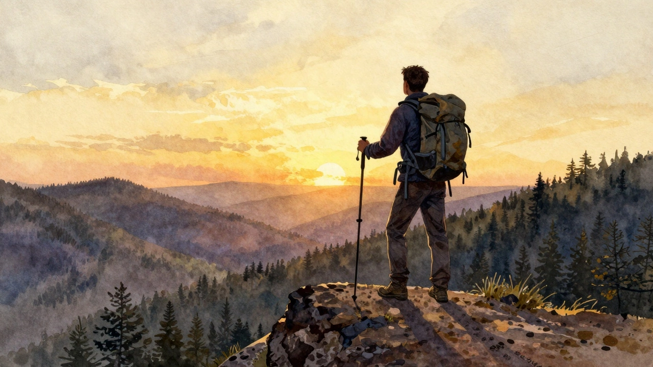 Силуэт хайкингера на вершине холма на закате, вид на лесные долины вдалеке.